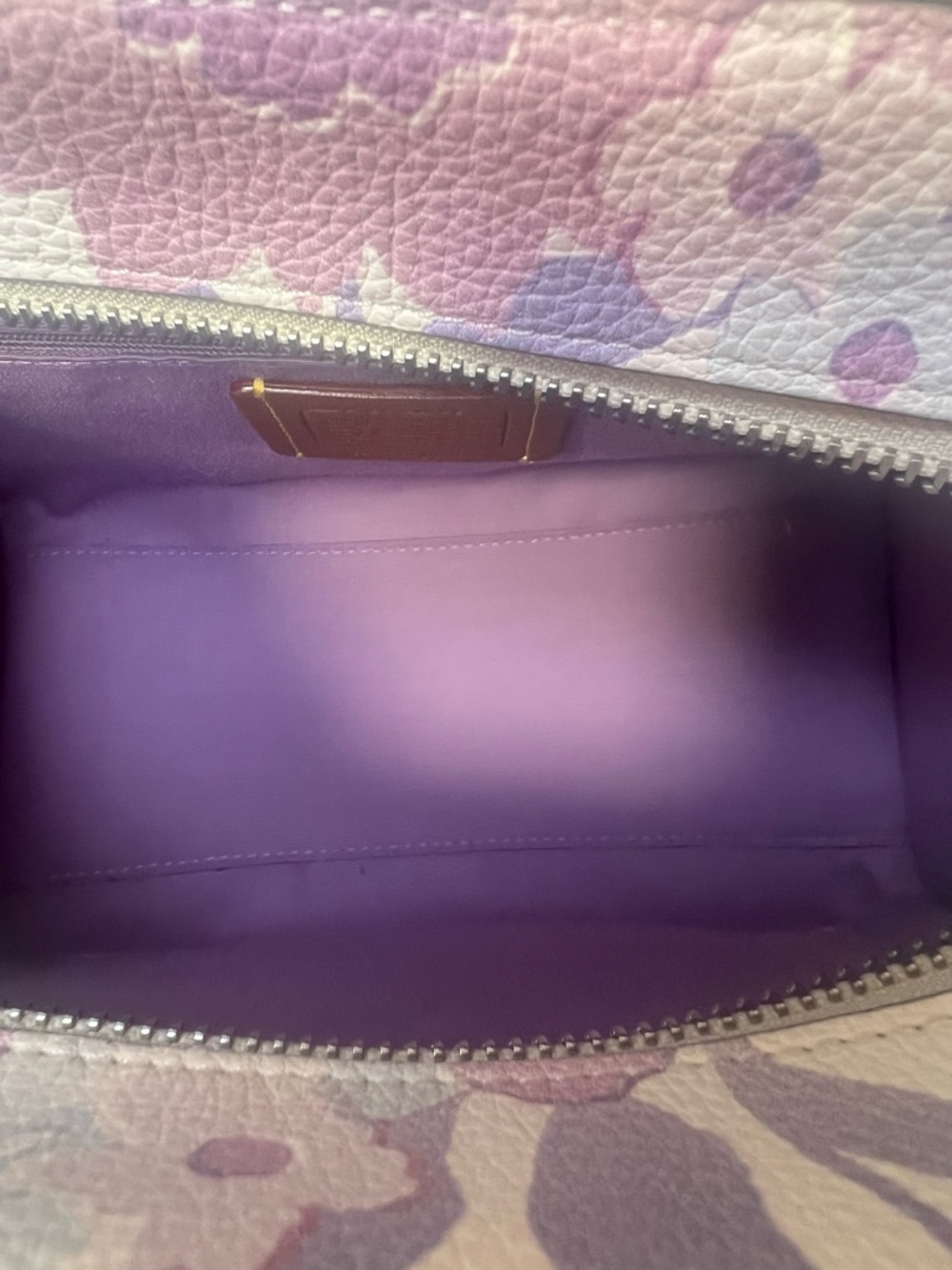 Coach Maggie Small Tote Floral Print Pebbled Leather Purple Ivory Crossbody EUC - Picture 7 of 16